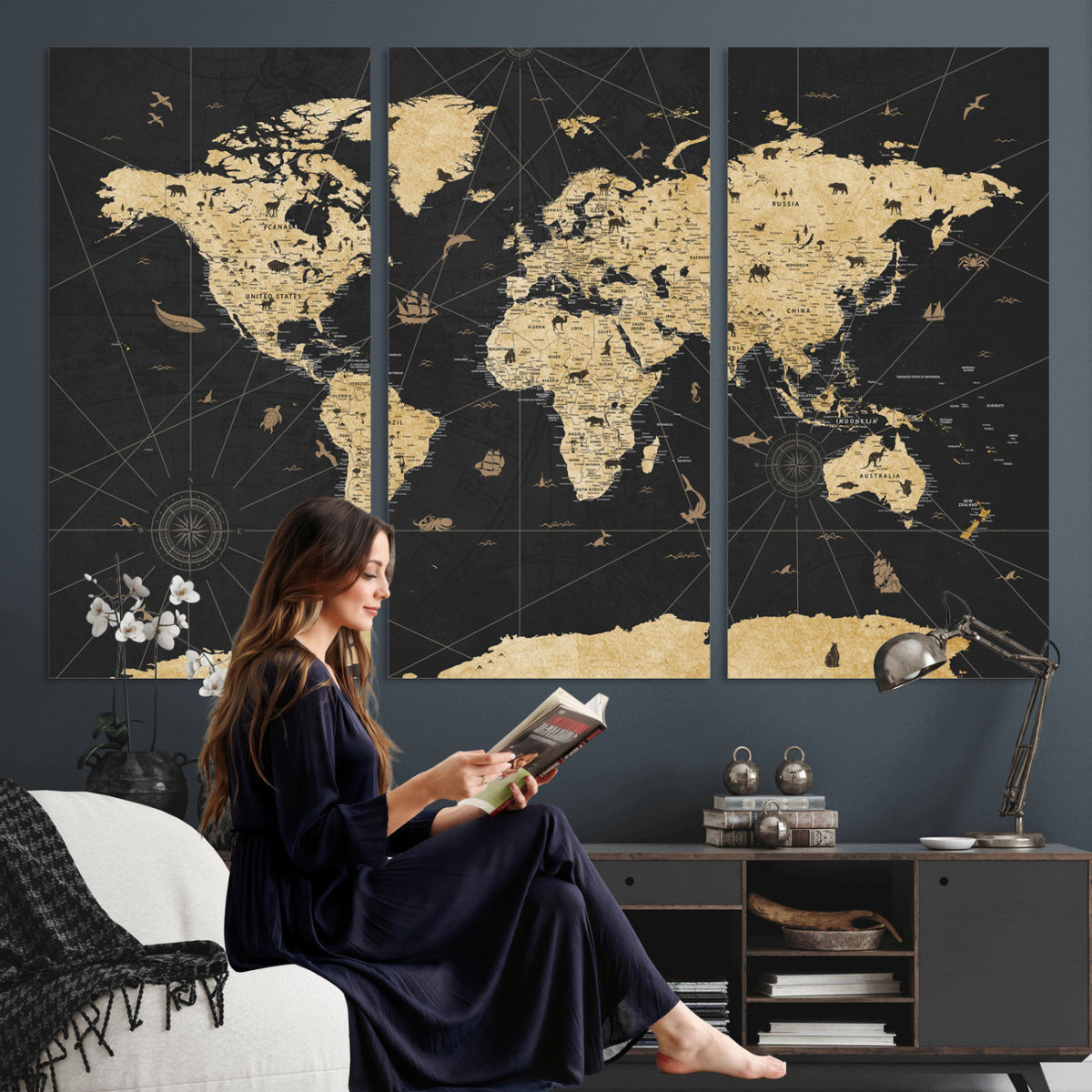 80270976-MGV-CV-36X24 - World Map Wall Art Canvas Print, Modern Decorative Framed Map Artwork Prints for Living Room, Office, Bedroom Wall Decor