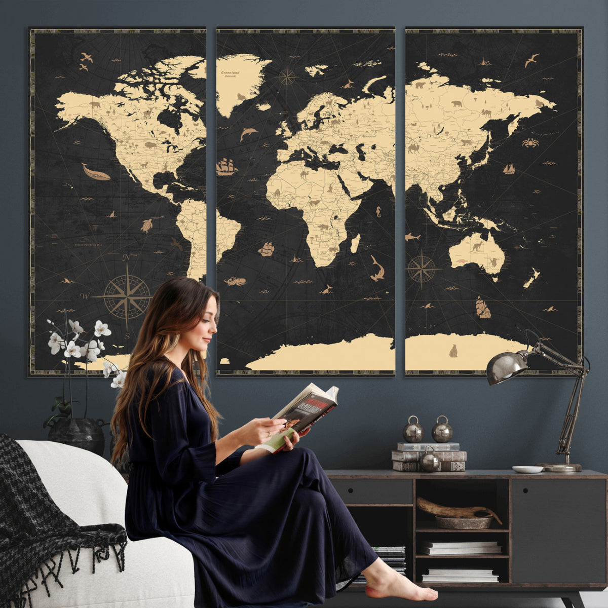 75220264-MGV-CV-36X24 - World Map Wall Art Canvas Print, Modern Decorative Framed Map Artwork Prints for Living Room, Office, Bedroom Wall Decor