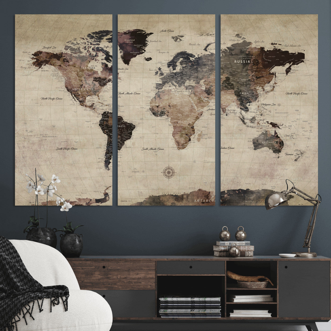 60560672-MGV-CV-36X24 - World Map Wall Art Canvas Print, Modern Decorative Framed Map Artwork Prints for Living Room, Office, Bedroom Wall Decor