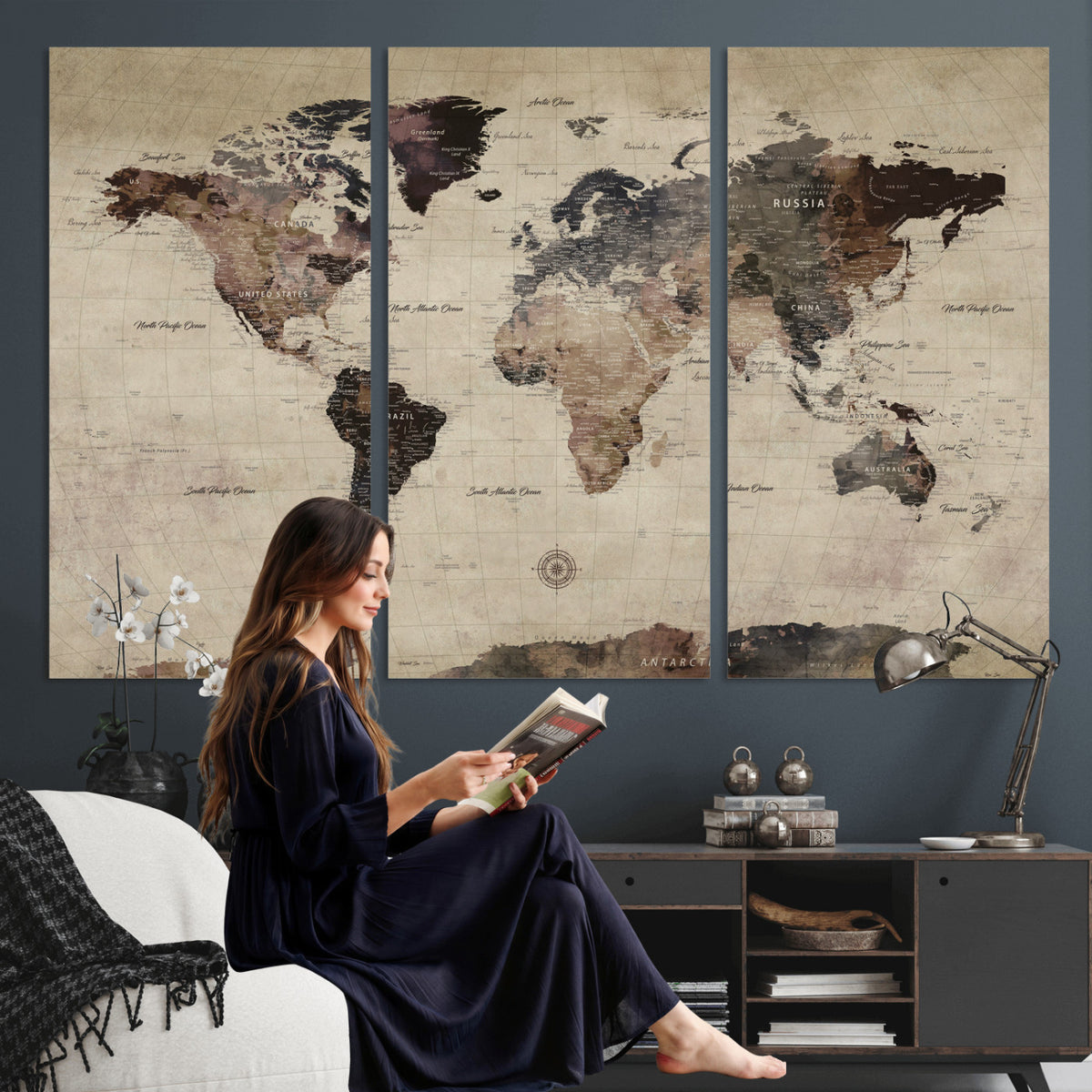 60560672-MGV-CV-36X24 - World Map Wall Art Canvas Print, Modern Decorative Framed Map Artwork Prints for Living Room, Office, Bedroom Wall Decor