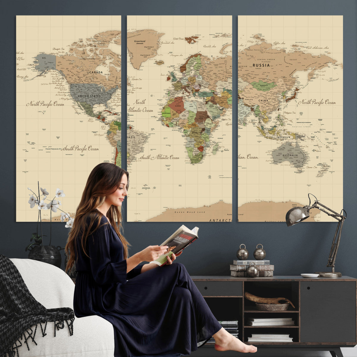 31407854-MGV-CV-36X24 - World Map Wall Art Canvas Print, Modern Decorative Framed Map Artwork Prints for Living Room, Office, Bedroom Wall Decor
