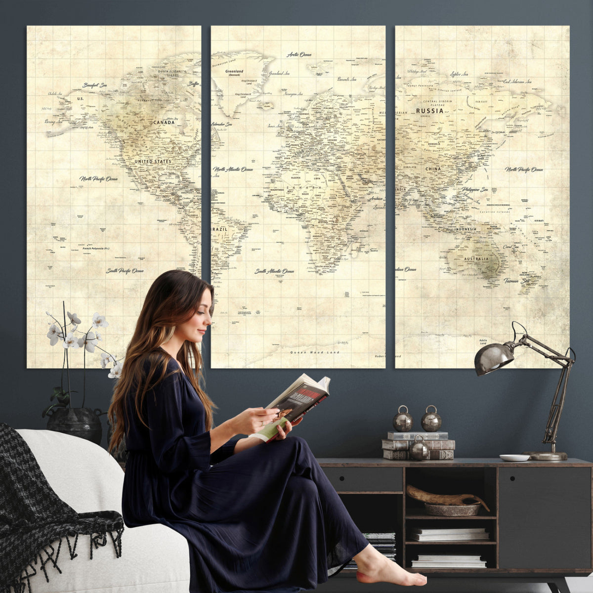 17101439-MGV-CV-36X24 - World Map Wall Art Canvas Print, Modern Decorative Framed Map Artwork Prints for Living Room, Office, Bedroom Wall Decor