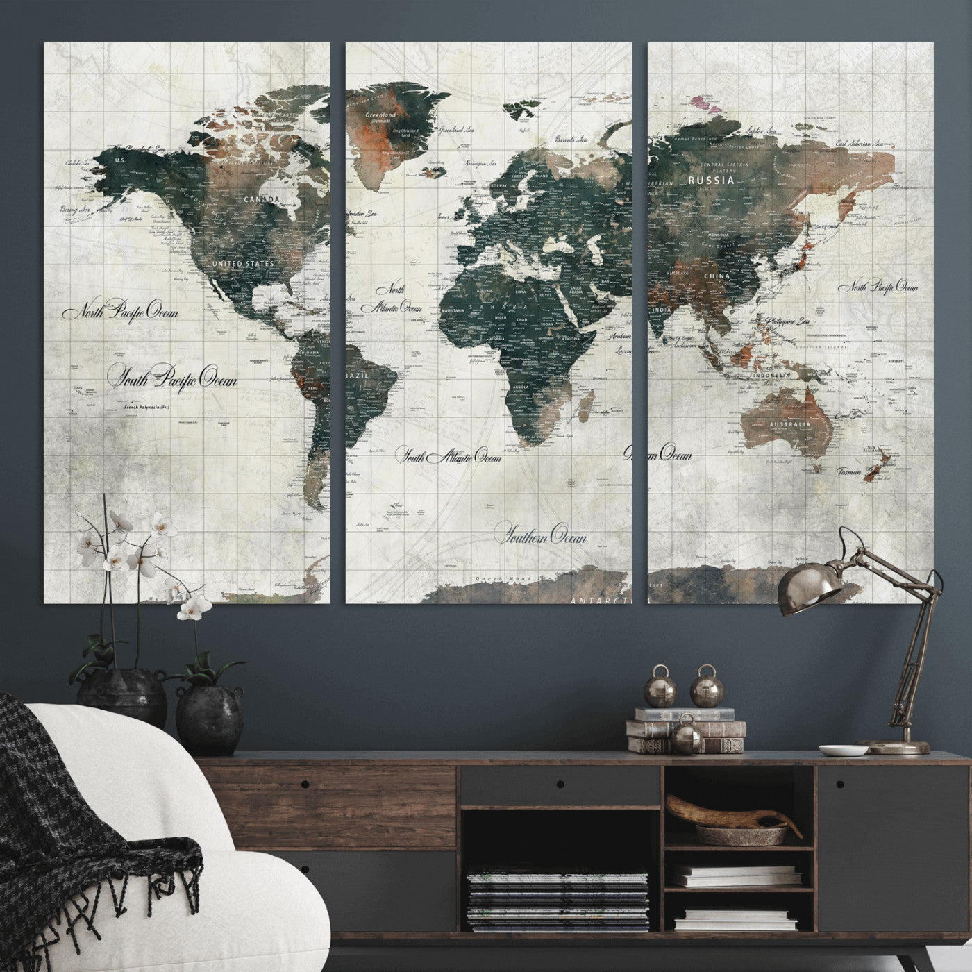 91179593-MGV-CV-36X24 - World Map Wall Art Canvas Print, Modern Decorative Framed Map Artwork Prints for Living Room, Office, Bedroom Wall Decor