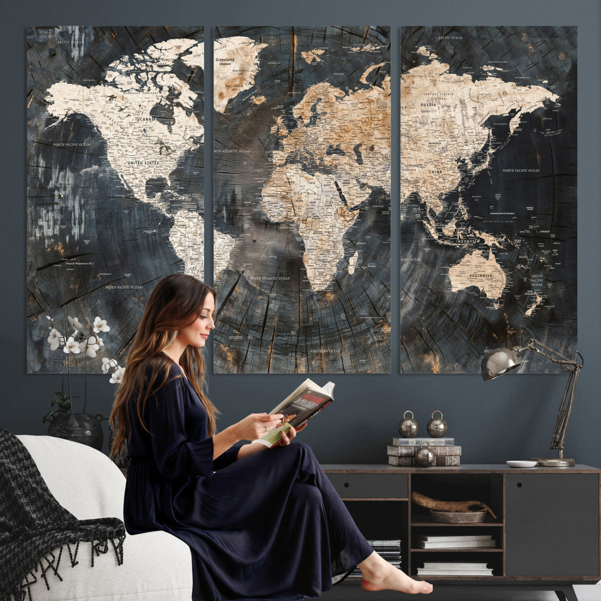 89162112-MGV-CV-36X24 - World Map Wall Art Canvas Print, Modern Decorative Framed Map Artwork Prints for Living Room, Office, Bedroom Wall Decor
