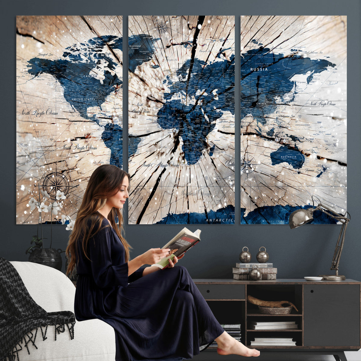 19478704-MGV-CV-36X24 - World Map Wall Art Canvas Print, Modern Decorative Framed Map Artwork Prints for Living Room, Office, Bedroom Wall Decor