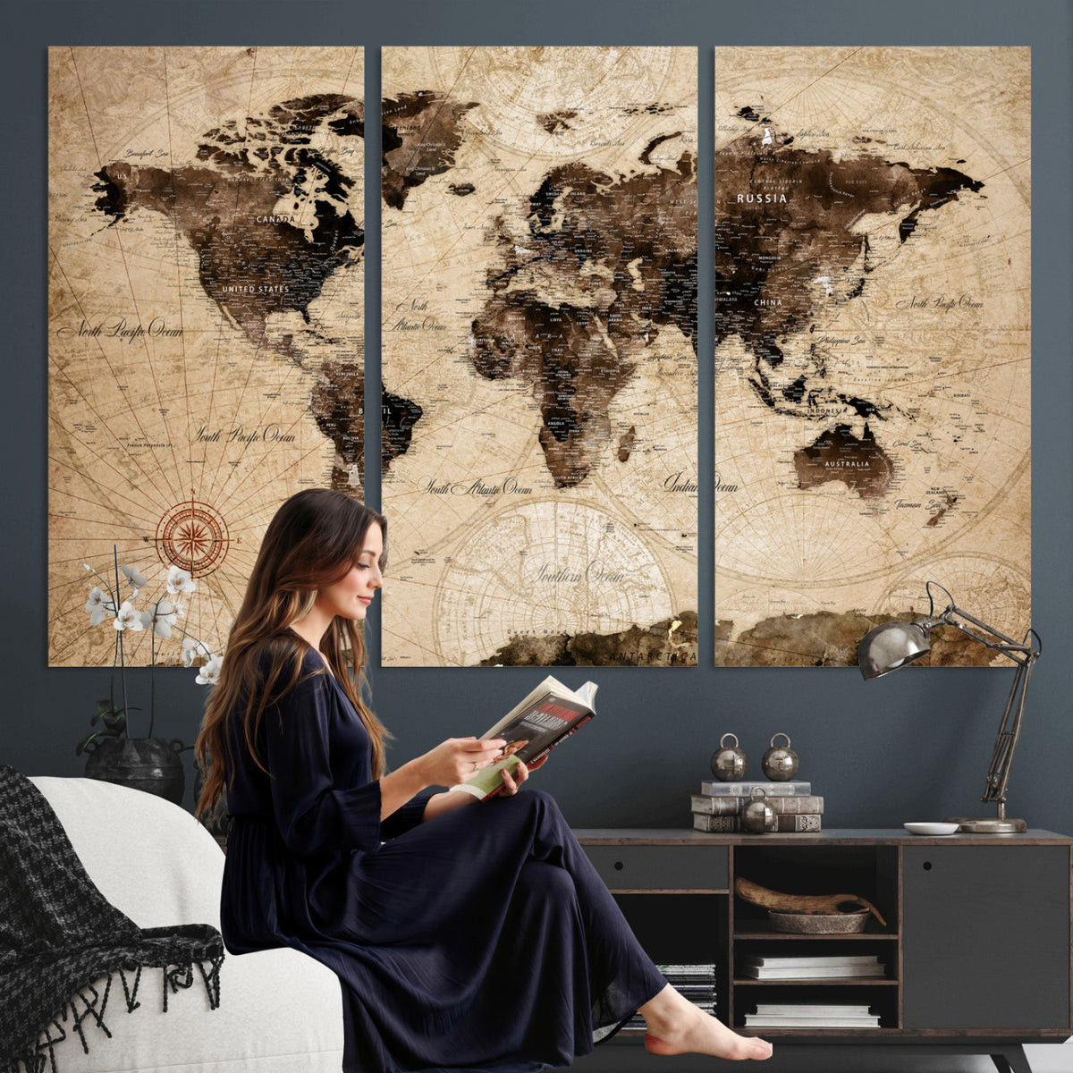 47657418-MGV-CV-36X24 - World Map Wall Art Canvas Print, Modern Decorative Framed Map Artwork Prints for Living Room, Office, Bedroom Wall Decor