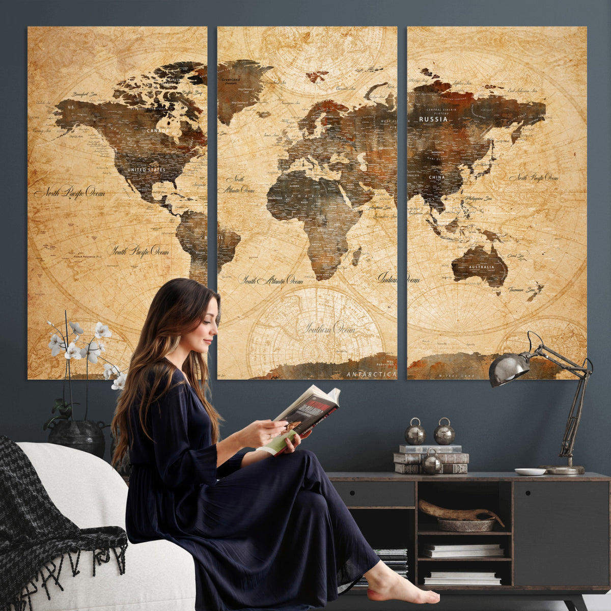 63156625-MGV-CV-36X24 - World Map Wall Art Canvas Print, Modern Decorative Framed Map Artwork Prints for Living Room, Office, Bedroom Wall Decor