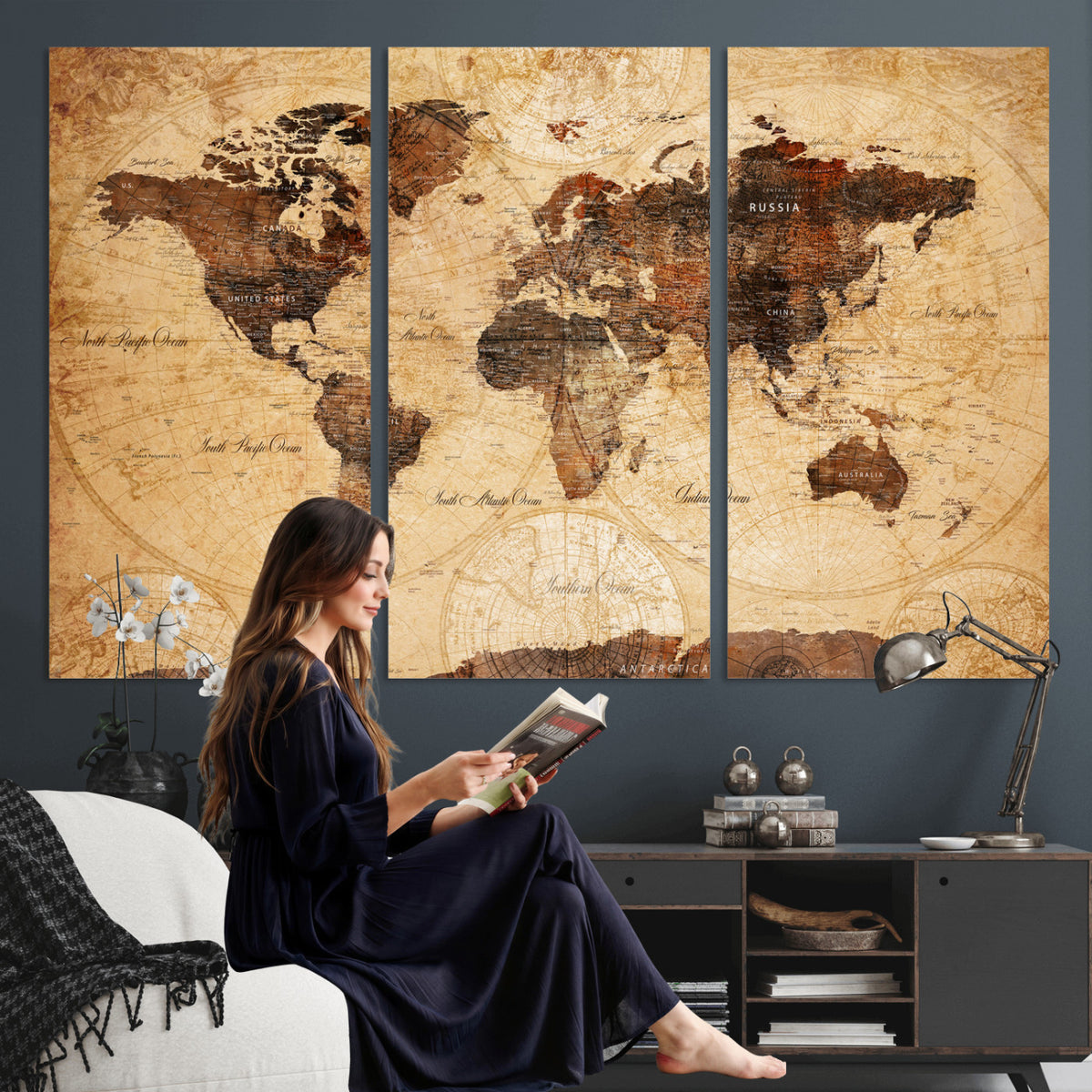40760475-MGV-CV-36X24 - World Map Wall Art Canvas Print, Modern Decorative Framed Map Artwork Prints for Living Room, Office, Bedroom Wall Decor