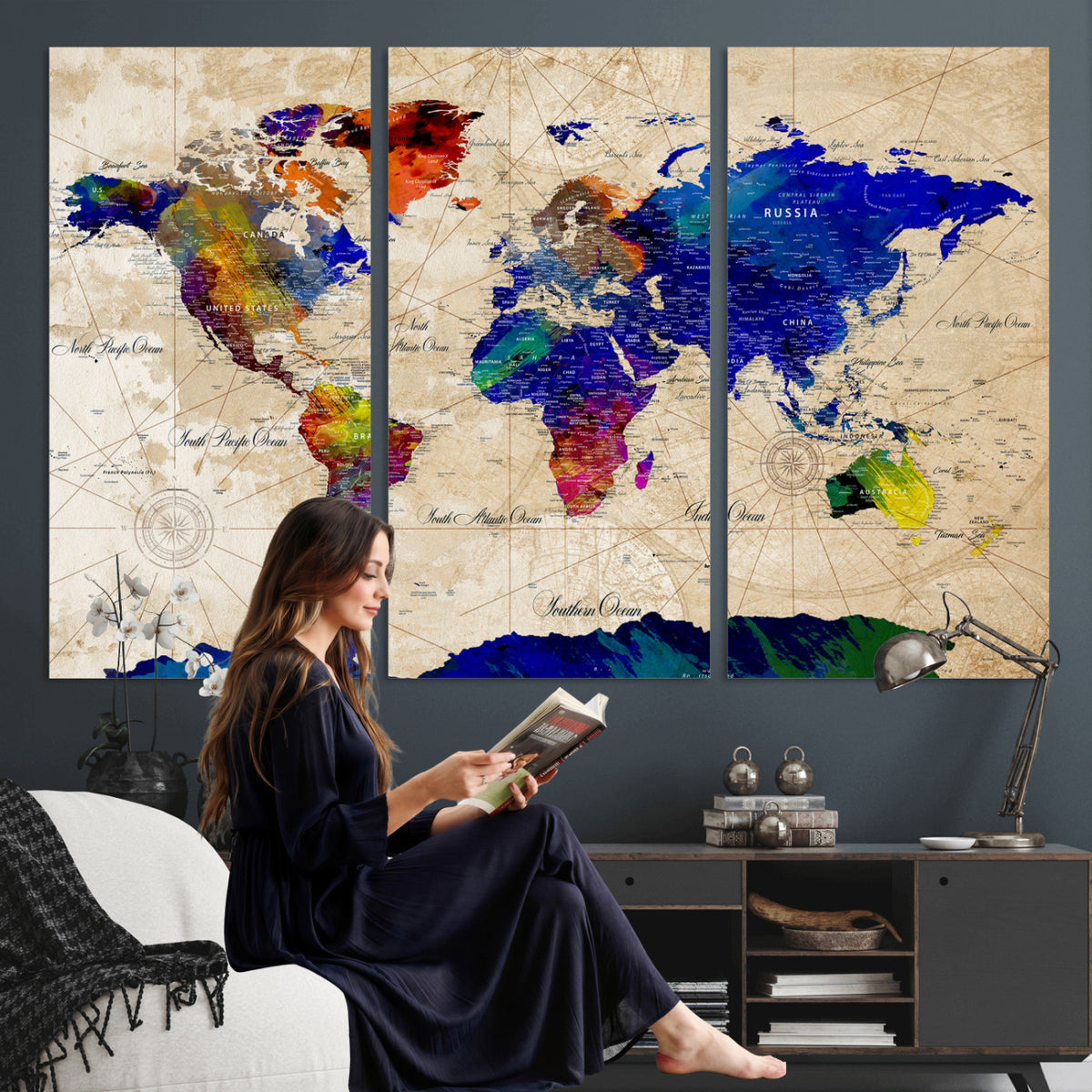 26284075-MGV-CV-36X24 - World Map Wall Art Canvas Print, Modern Decorative Framed Map Artwork Prints for Living Room, Office, Bedroom Wall Decor