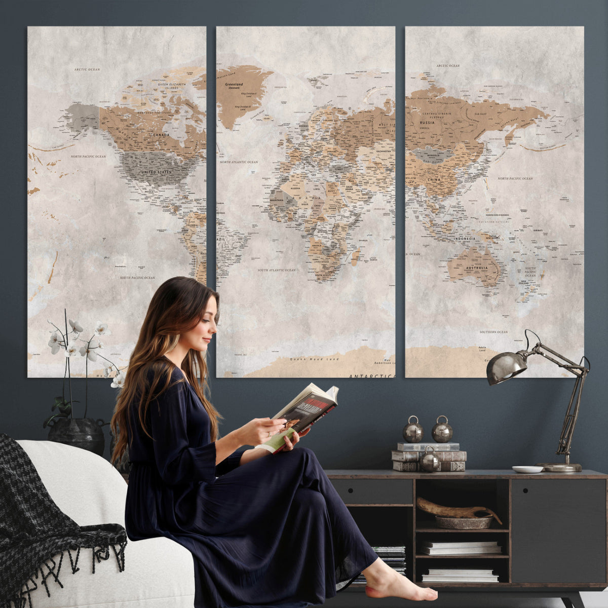 34051638-MGV-CV-36X24 - Detailed World Map Wall Art Canvas Print for Home and Office Decor
