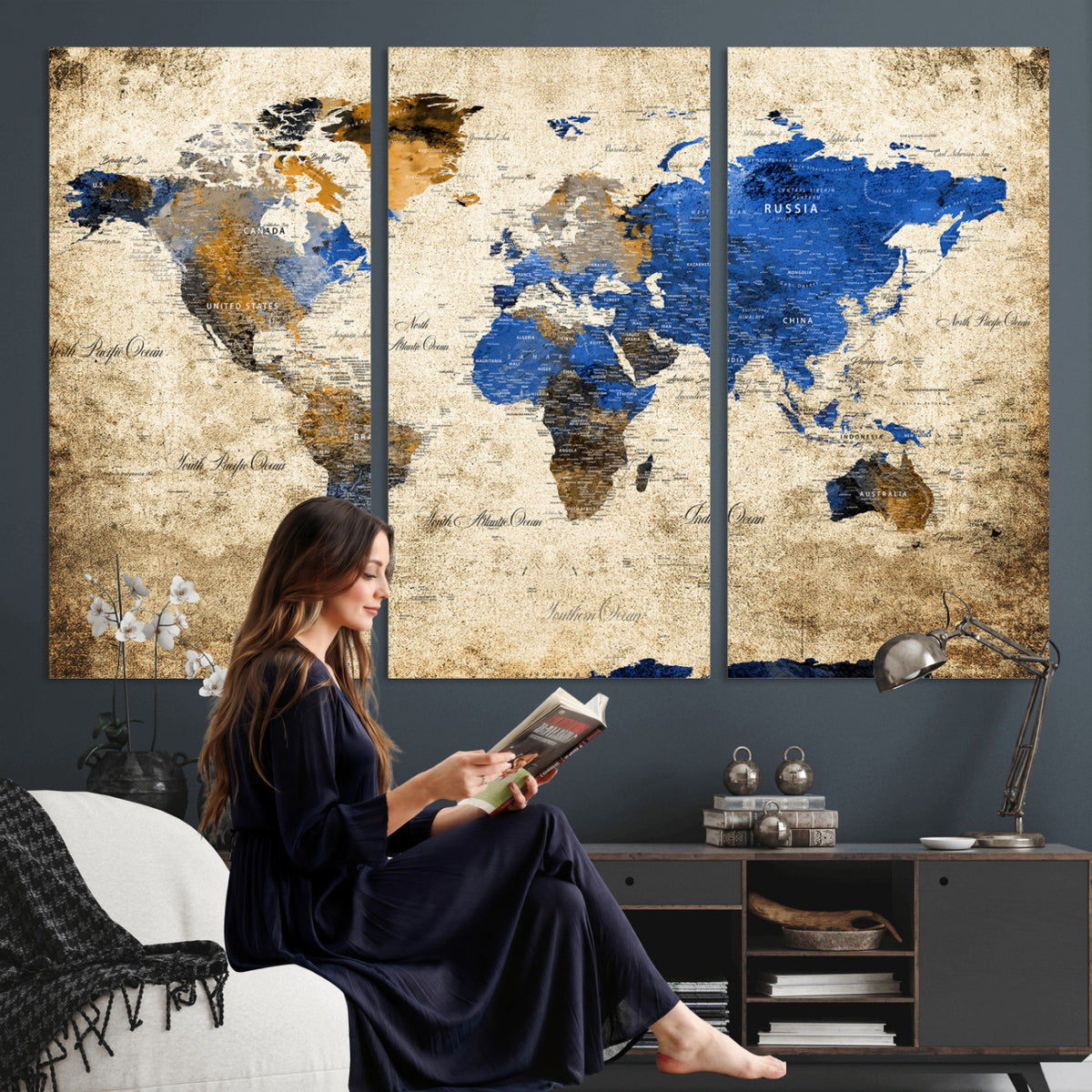 27314341-MGV-CV-36X24 - World Map Wall Art Canvas Print, Modern Decorative Framed Map Artwork Prints for Living Room, Office, Bedroom Wall Decor