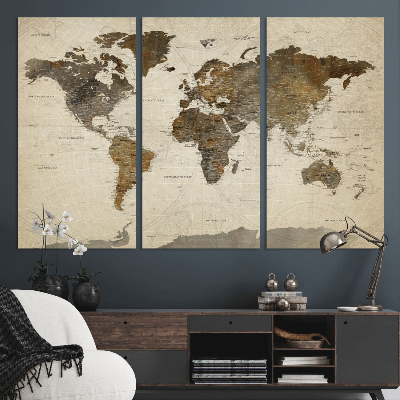 49623468-MGV-CV-36X24 - World Map Wall Art Canvas Print, Modern Decorative Framed Map Artwork Prints for Living Room, Office, Bedroom Wall Decor