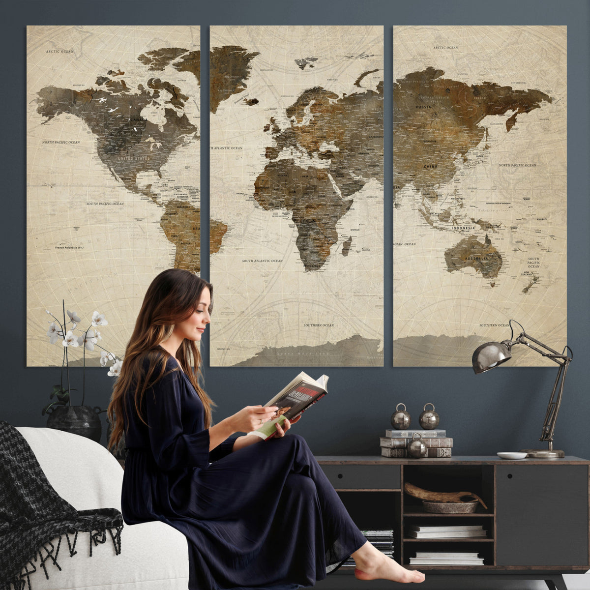 49623468-MGV-CV-36X24 - World Map Wall Art Canvas Print, Modern Decorative Framed Map Artwork Prints for Living Room, Office, Bedroom Wall Decor
