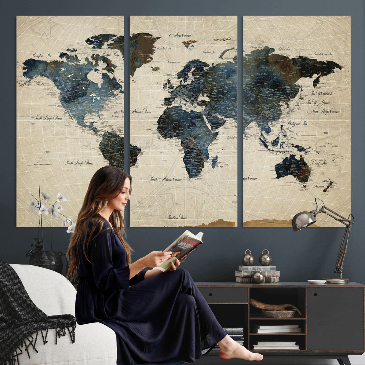 72927803-MGV-CV-36X24 - World Map Wall Art Canvas Print, Modern Decorative Framed Map Artwork Prints for Living Room, Office, Bedroom Wall Decor