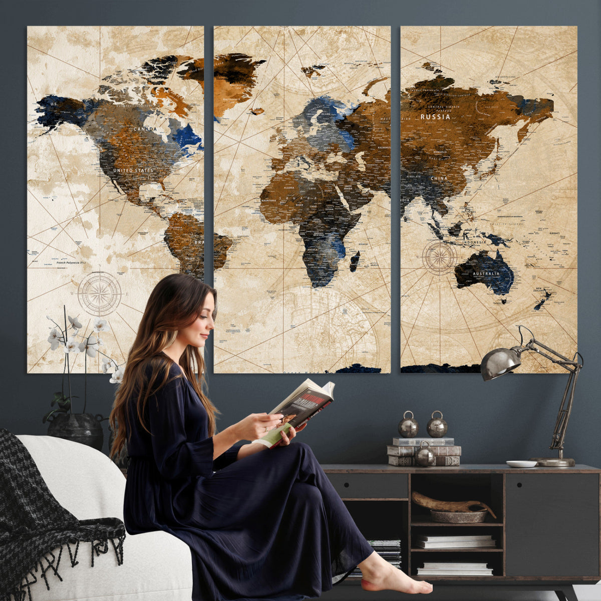 15727090-MGV-CV-36X24 - World Map Wall Art Canvas Print, Modern Decorative Framed Map Artwork Prints for Living Room, Office, Bedroom Wall Decor