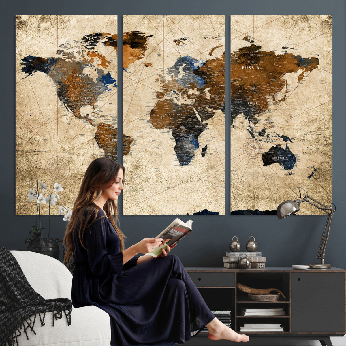 27163414-MGV-CV-36X24 - World Map Wall Art – Rustic Earth Tone Canvas Print, Antique
