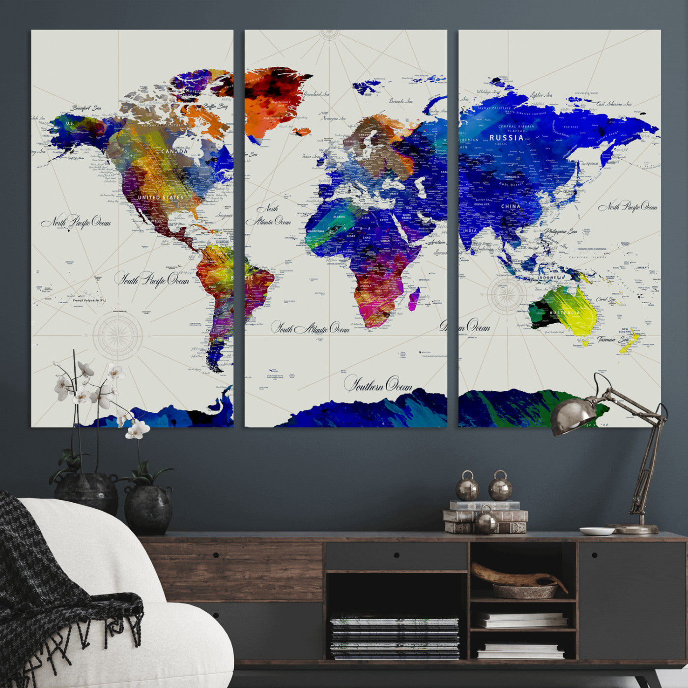 49670038-MGV-CV-36X24 - World Map Wall Art Canvas Print, Modern Decorative Framed Map Artwork Prints for Living Room, Office Decor