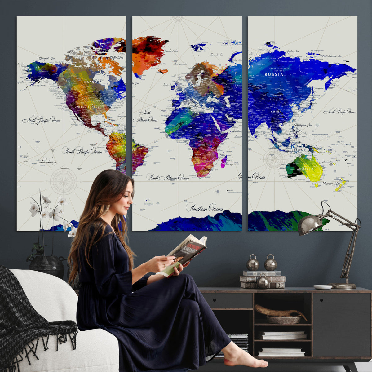 49670038-MGV-CV-36X24 - World Map Wall Art Canvas Print, Modern Decorative Framed Map Artwork Prints for Living Room, Office, Bedroom Wall Decor