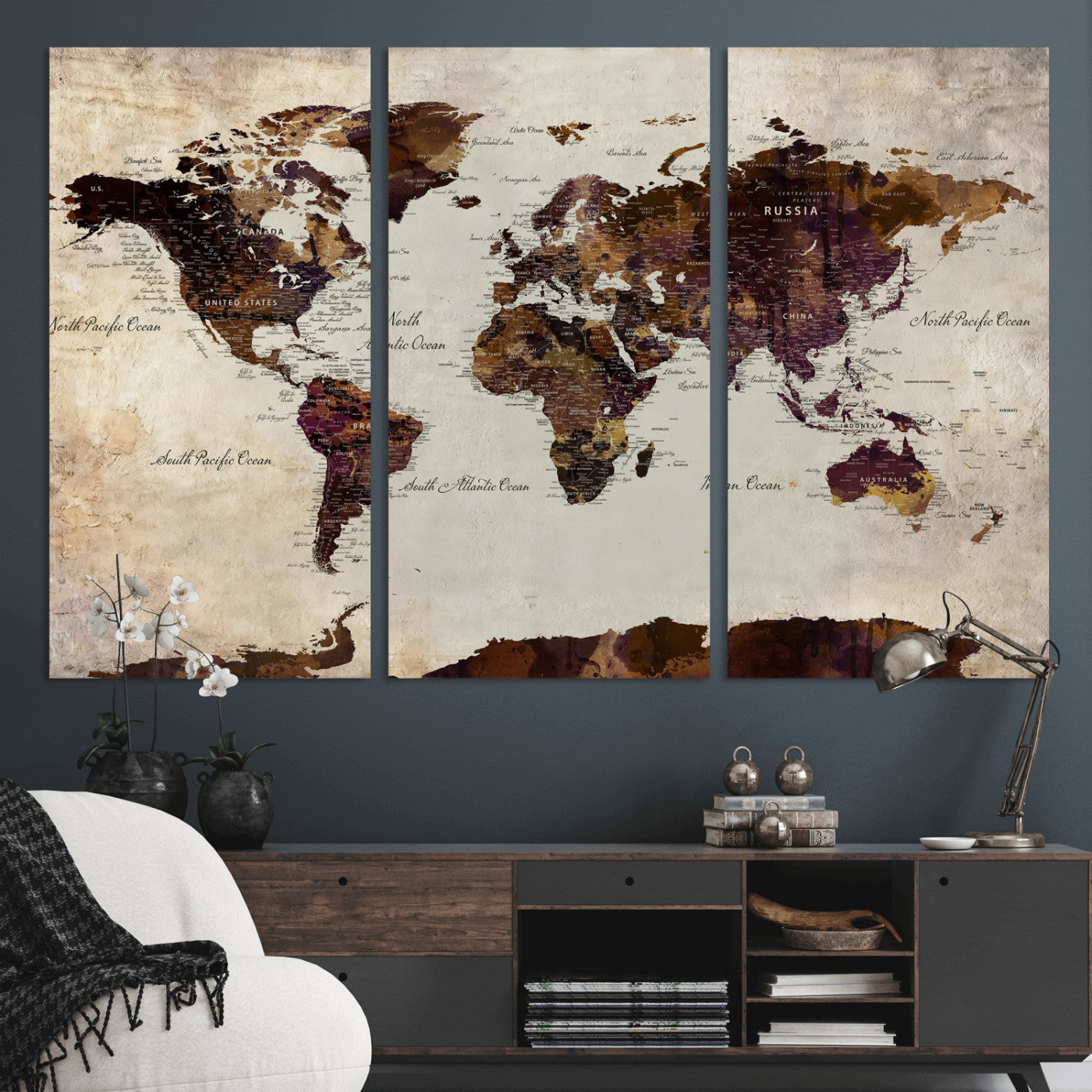 50611123-MGV-CV-36X24 - World Map Canvas Triptych – Colorful Global Wall Art for Living Rooms, Offices, and Study Spaces