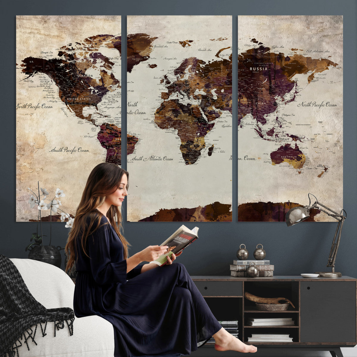 50611123-MGV-CV-36X24 - World Map Canvas Triptych | Colorful Global Wall Art for Living Rooms