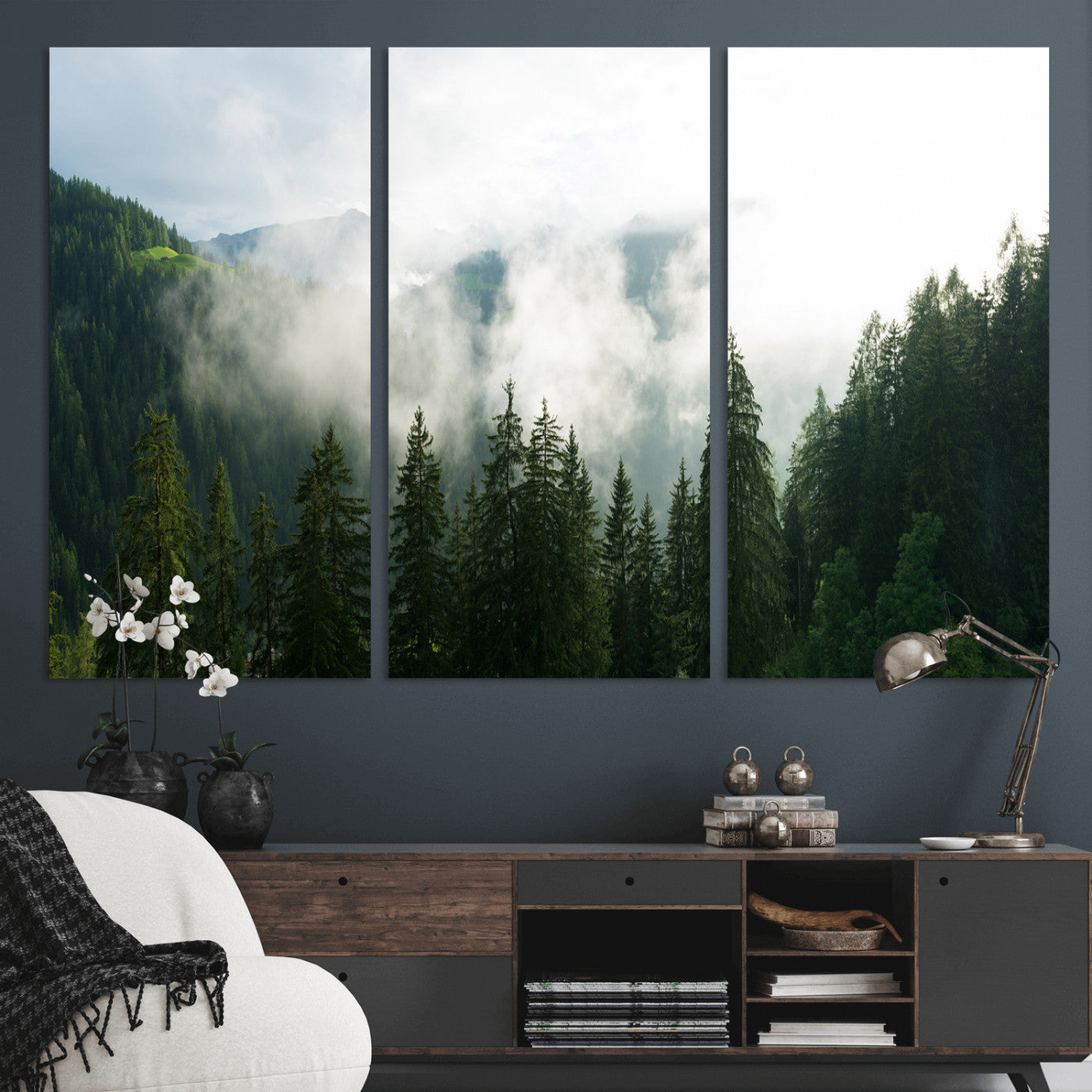 67174129-MGV-CV-36X24 - Misty Mountain Forest Canvas Print, Foggy Pine Trees Nature Wall Art, Framed Canvas Ready to Hang