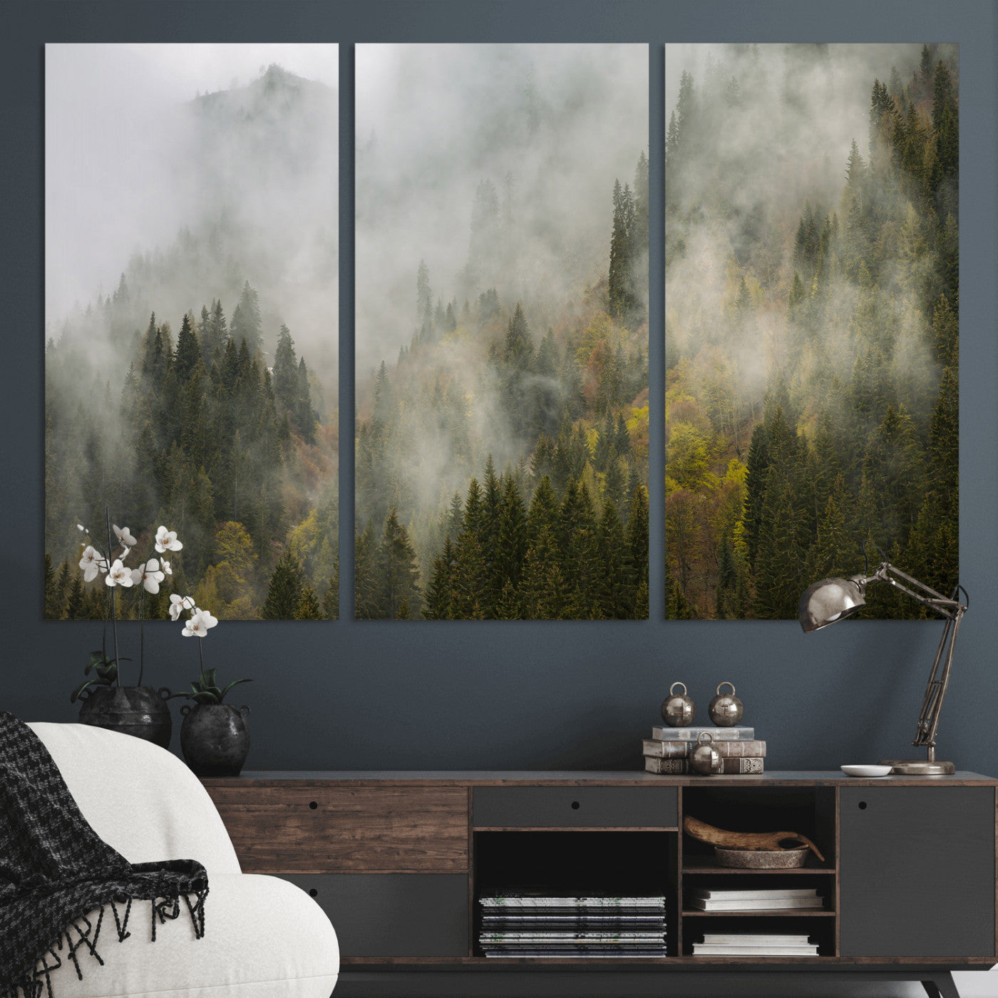 31152954-MGV-CV-36X24 - Misty Mountain Forest Canvas Print, Foggy Pine Trees Nature Wall Art, Framed Canvas Ready to Hang