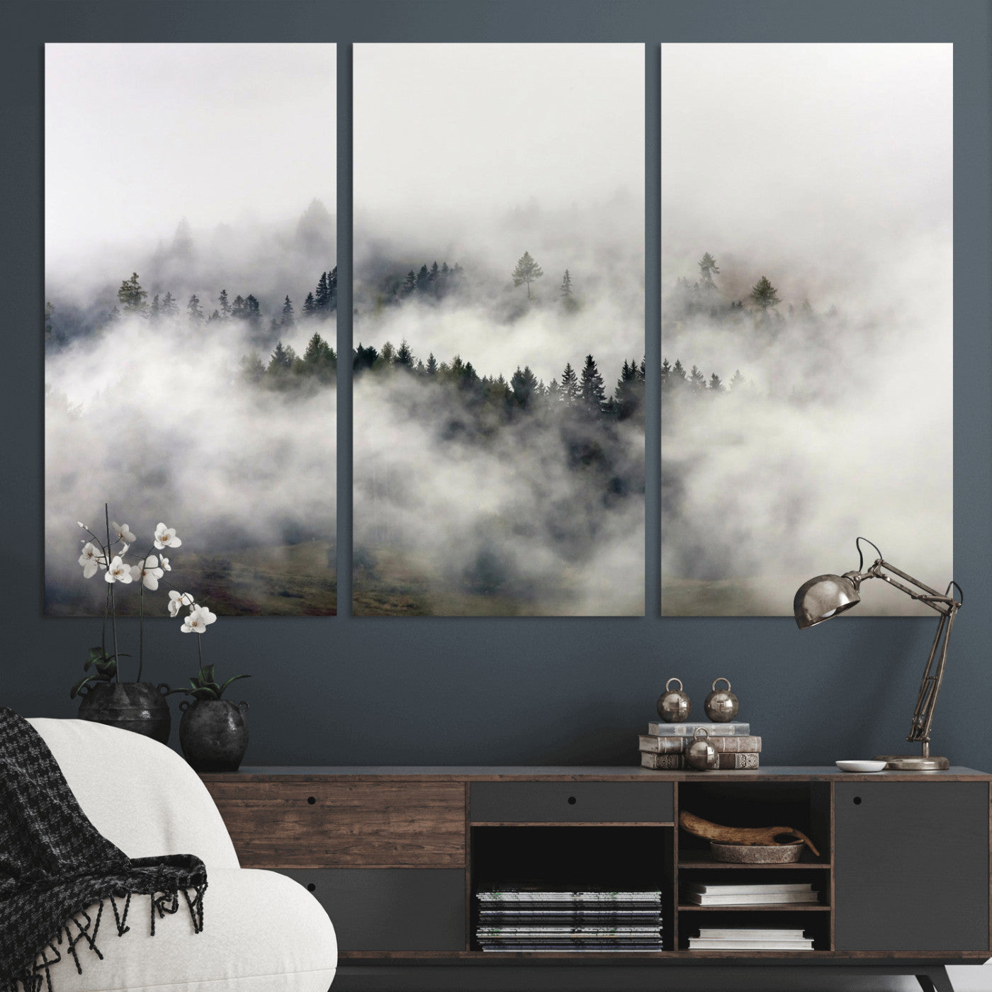 63235457-MGV-CV-36X24 - Foggy Forest Wall Art Canvas Print, Misty Pine Tree Landscape Wall Art Print, Framed Wall Art Ready to Hang