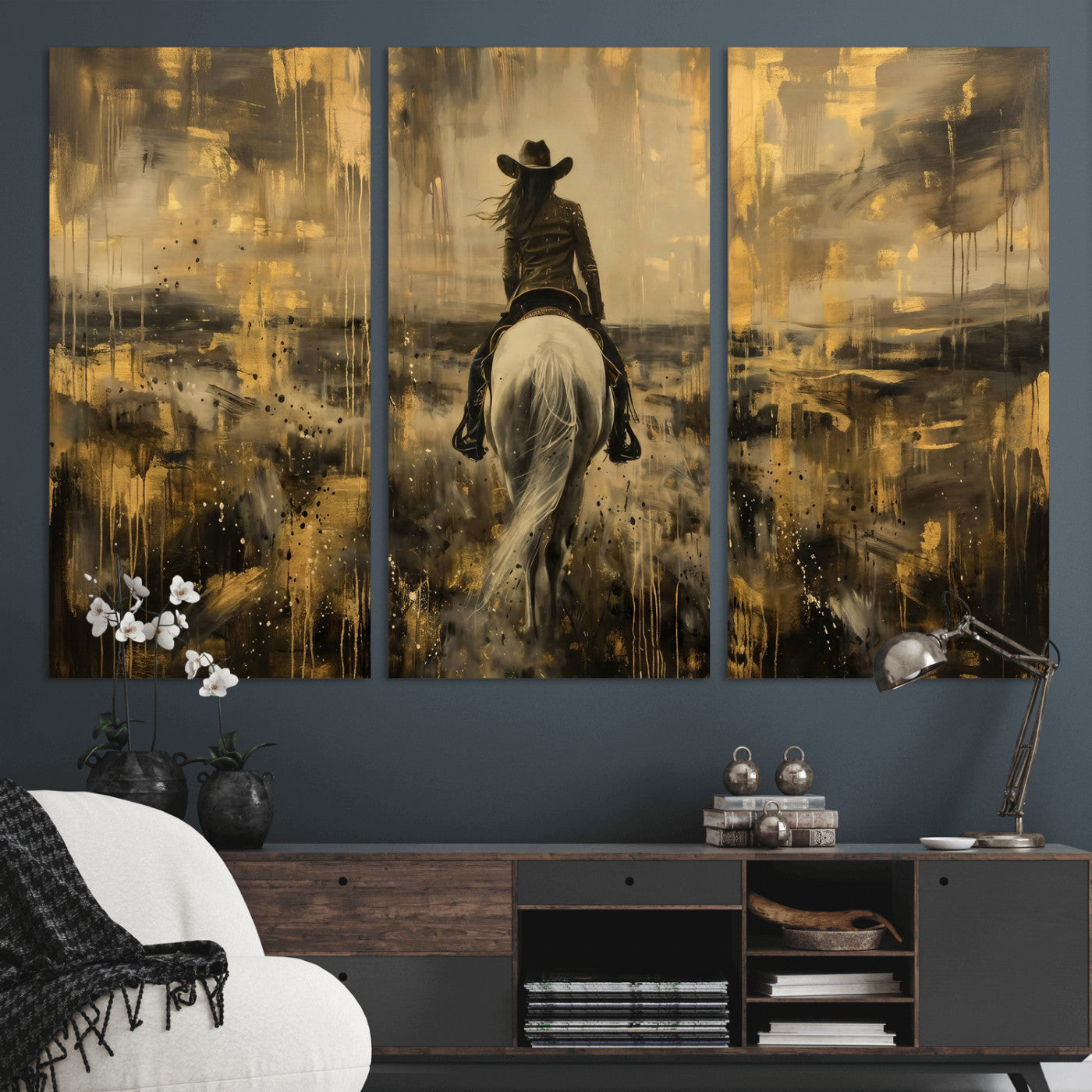 20465530-MGV-CV-36X24 - Cowgirl Wall Art Canvas Print, Western Horse Rider Wall Art, Framed Wall Art Ready to Hang