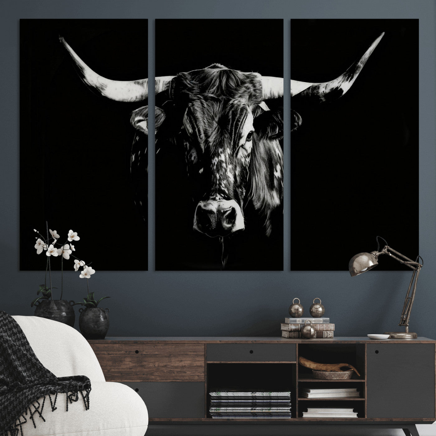 21436434-MGV-CV-36X24 - Black Bull Wall Art Canvas Print, Dark Longhorn Portrait Photography, Framed Wall Art Ready to Hang