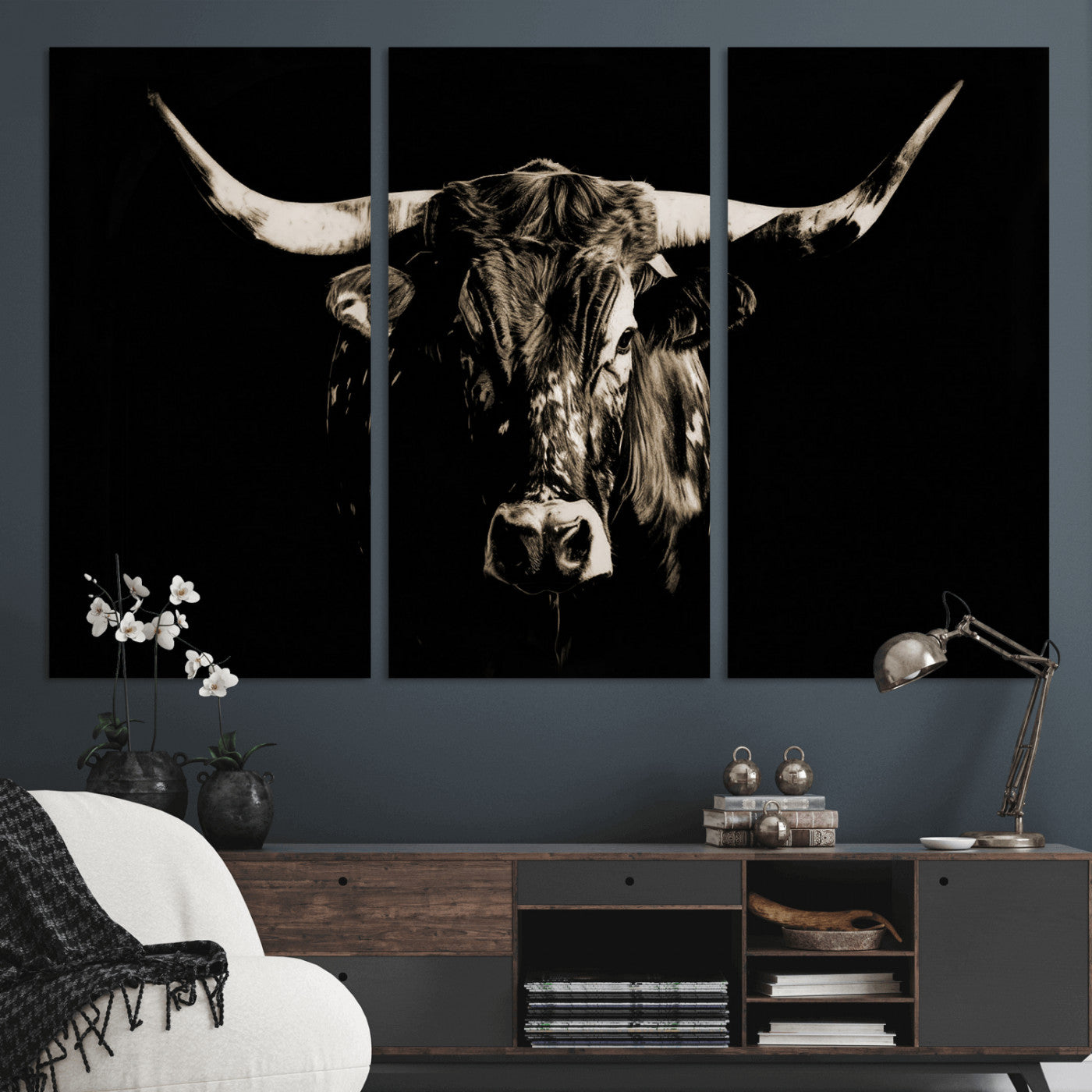 75774468-MGV-CV-36X24 - Black Bull Wall Art Canvas Print, Dark Longhorn Portrait Photography, Framed Wall Art Ready to Hang