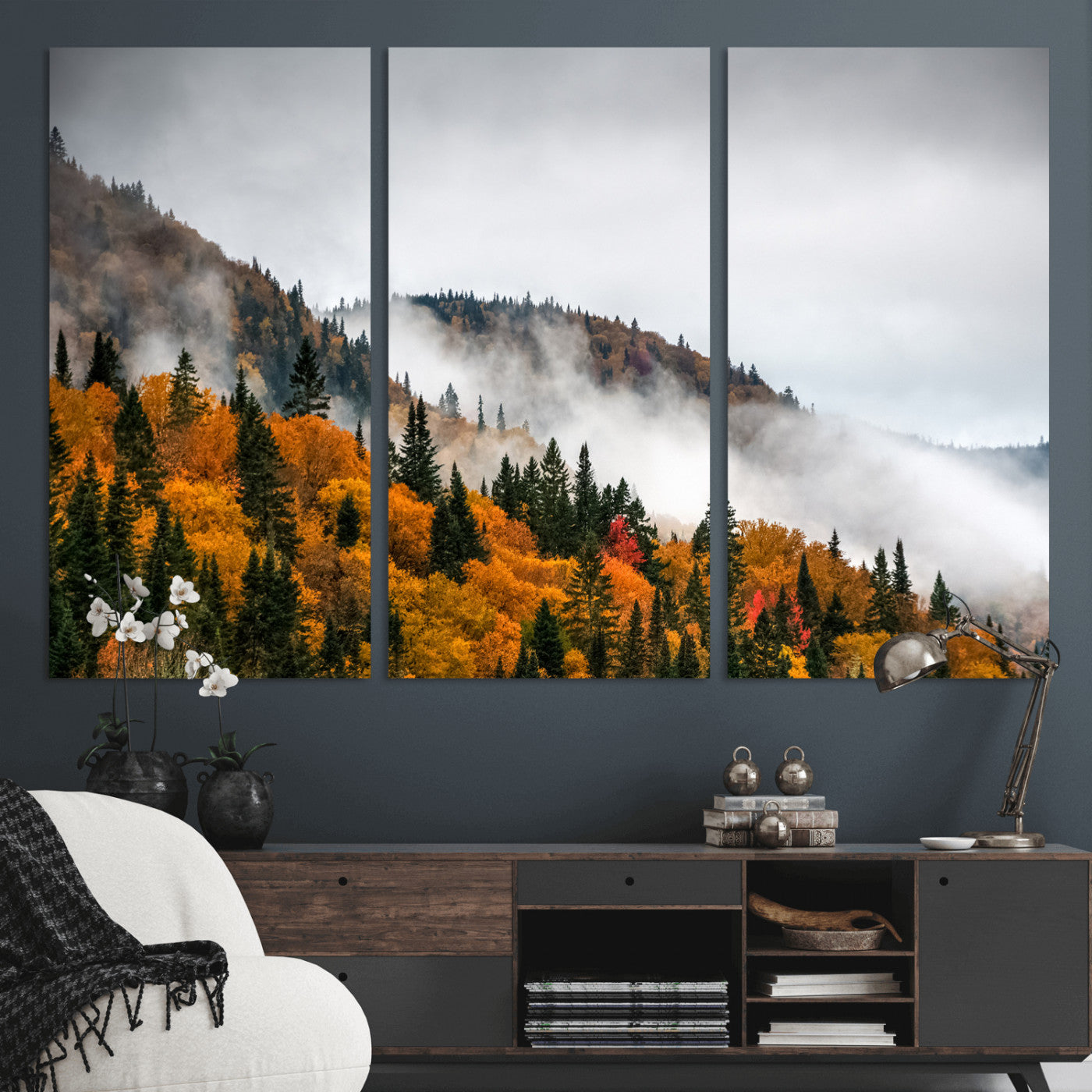 93581632-MGV-CV-36X24 - Autumn Forest Wall Art Canvas Print, Foggy Mountain Landscape Nature Photography, Framed Wall Art Ready to Hang