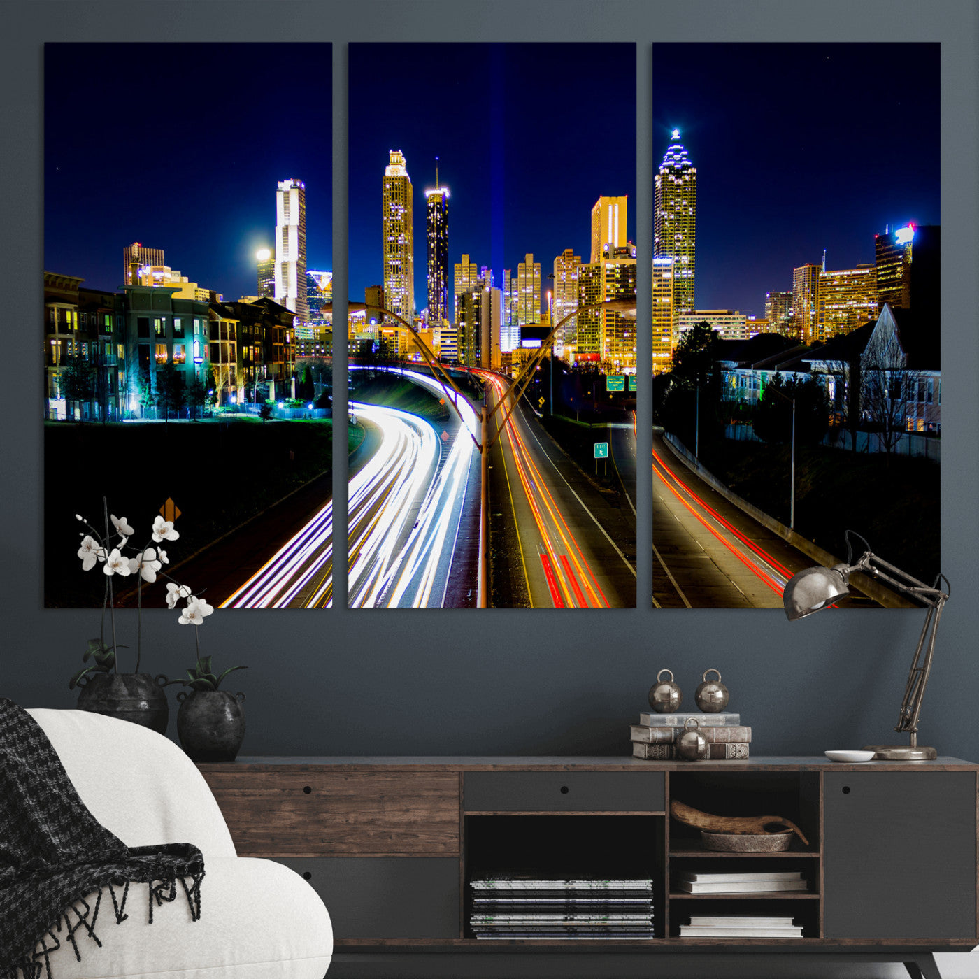 12967464-MGV-CV-36X24 - Atlanta Skyline Wall Art Canvas Print, Atlanta Downtown Night Cityscape Print for Modern Urban Wall Decor