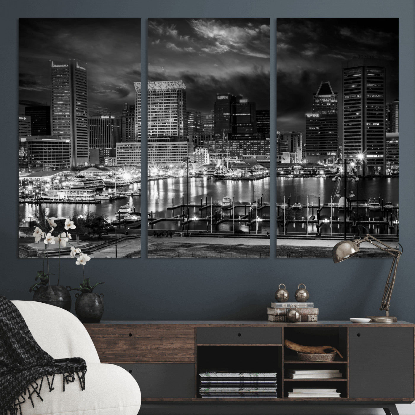 79755655-MGV-CV-36X24 - Baltimore Skyline Wall Art Canvas Print, Baltimore Downtown Night Cityscape Print for Modern Urban Wall Decor