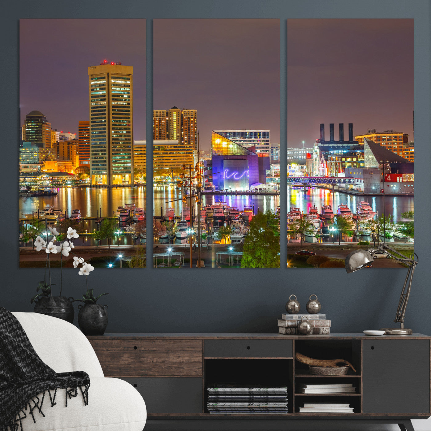 42654823-MGV-CV-36X24 - Baltimore Skyline Wall Art Canvas Print, Baltimore Downtown Night Cityscape Print for Modern Urban Wall Decor