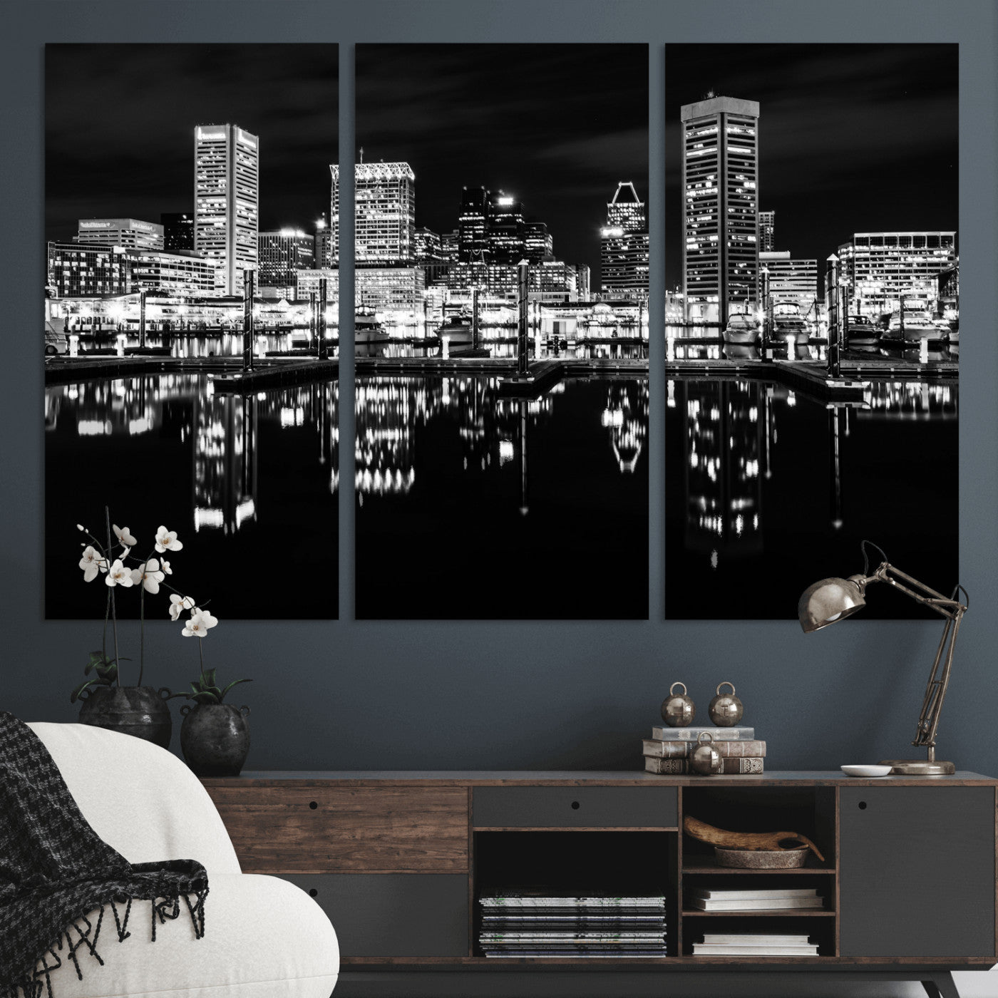 69187681-MGV-CV-36X24 - Baltimore Skyline Wall Art Canvas Print, Baltimore Downtown Night Cityscape Print for Modern Urban Wall Decor