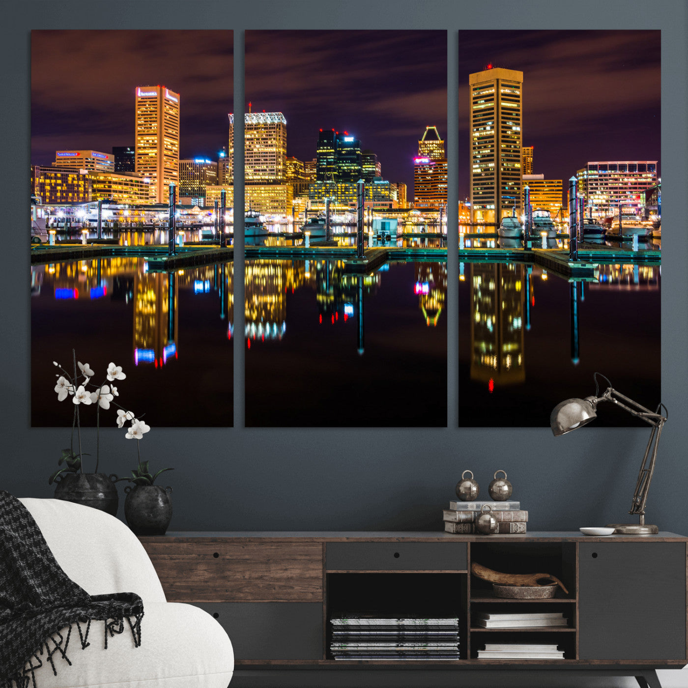 38201692-MGV-CV-36X24 - Baltimore Skyline Wall Art Canvas Print, Baltimore Downtown Night Cityscape Print for Modern Urban Wall Decor