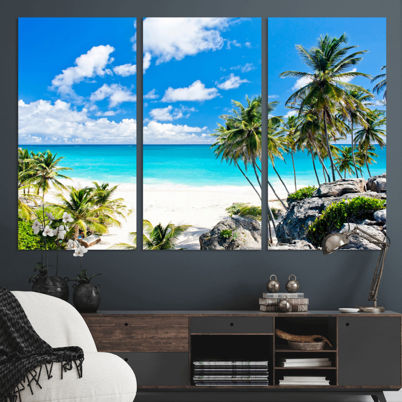29232878-MGV-CV-36X24 - Barbados Beach Wall Art Canvas Print, Palm Tree Ocean Landscape, Turquoise Sea Coastal Photography, Tropical Island Wall Decor, Framed Ready to Hang