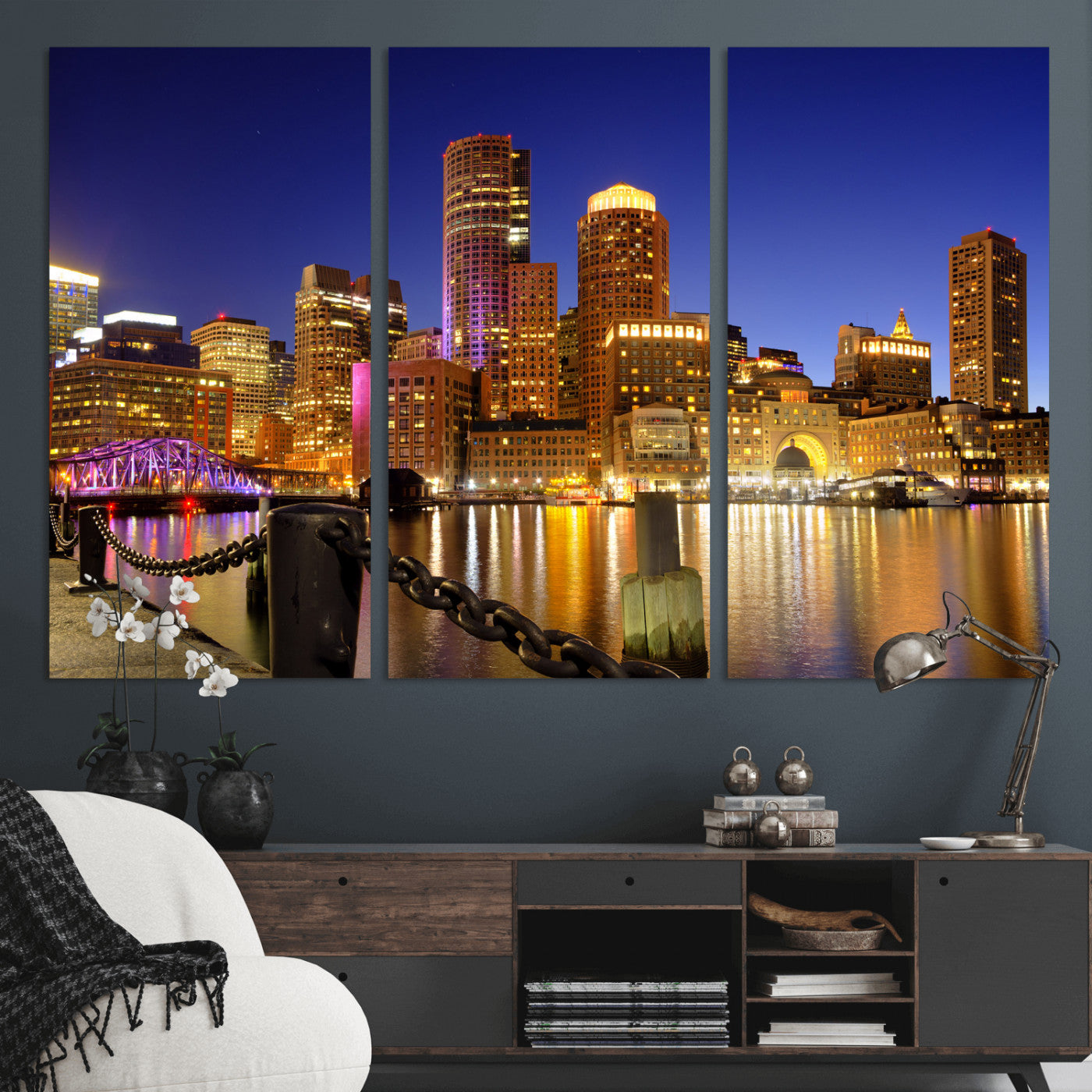 56611117-MGV-CV-36X24 - Boston Wall Art Canvas Print, Boston City Downtown Night Cityscape Print for Modern Urban Wall Decor