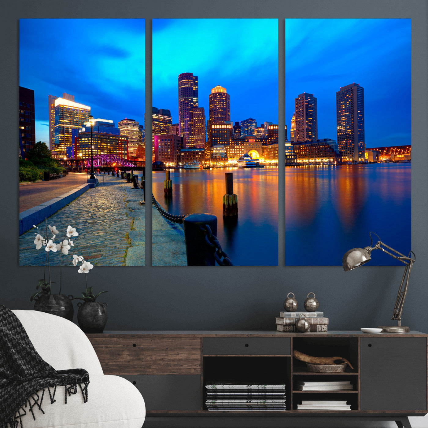 69619565-MGV-CV-36X24 - Boston Wall Art Canvas Print, Boston City Downtown Night Cityscape Print for Modern Urban Wall Decor