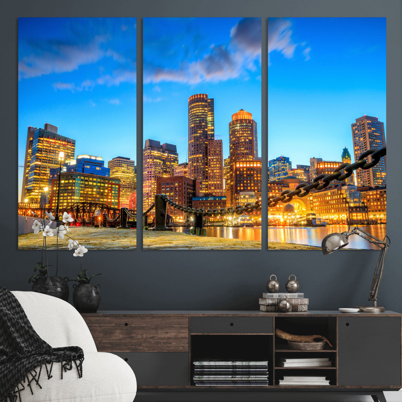 46736409-MGV-CV-36X24 - Boston Wall Art Canvas Print, Boston City Downtown Night Cityscape Print for Modern Urban Wall Decor