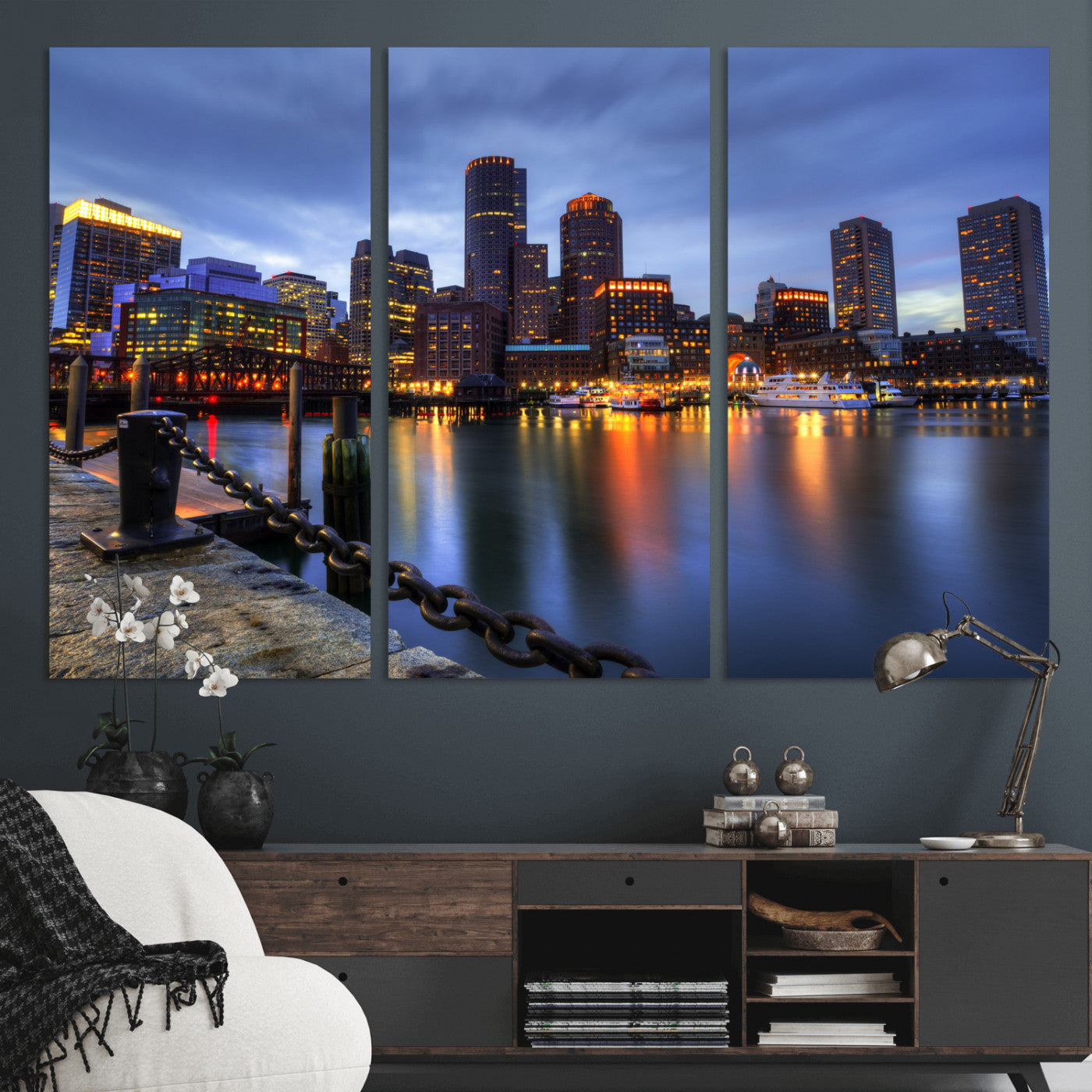 82439622-MGV-CV-36X24 - Boston Wall Art Canvas Print, Boston City Downtown Night Cityscape Print for Modern Urban Wall Decor
