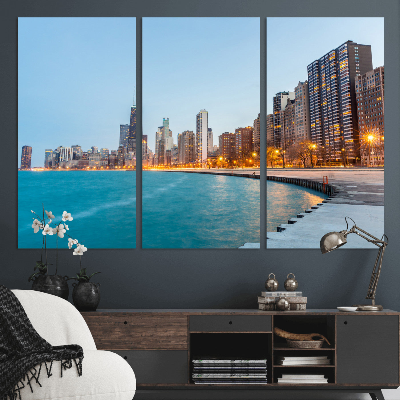 66780141-MGV-CV-36X24 - Chicago Wall Art Canvas Print, Chicago City Downtown Night Cityscape Print for Modern Urban Wall Decor
