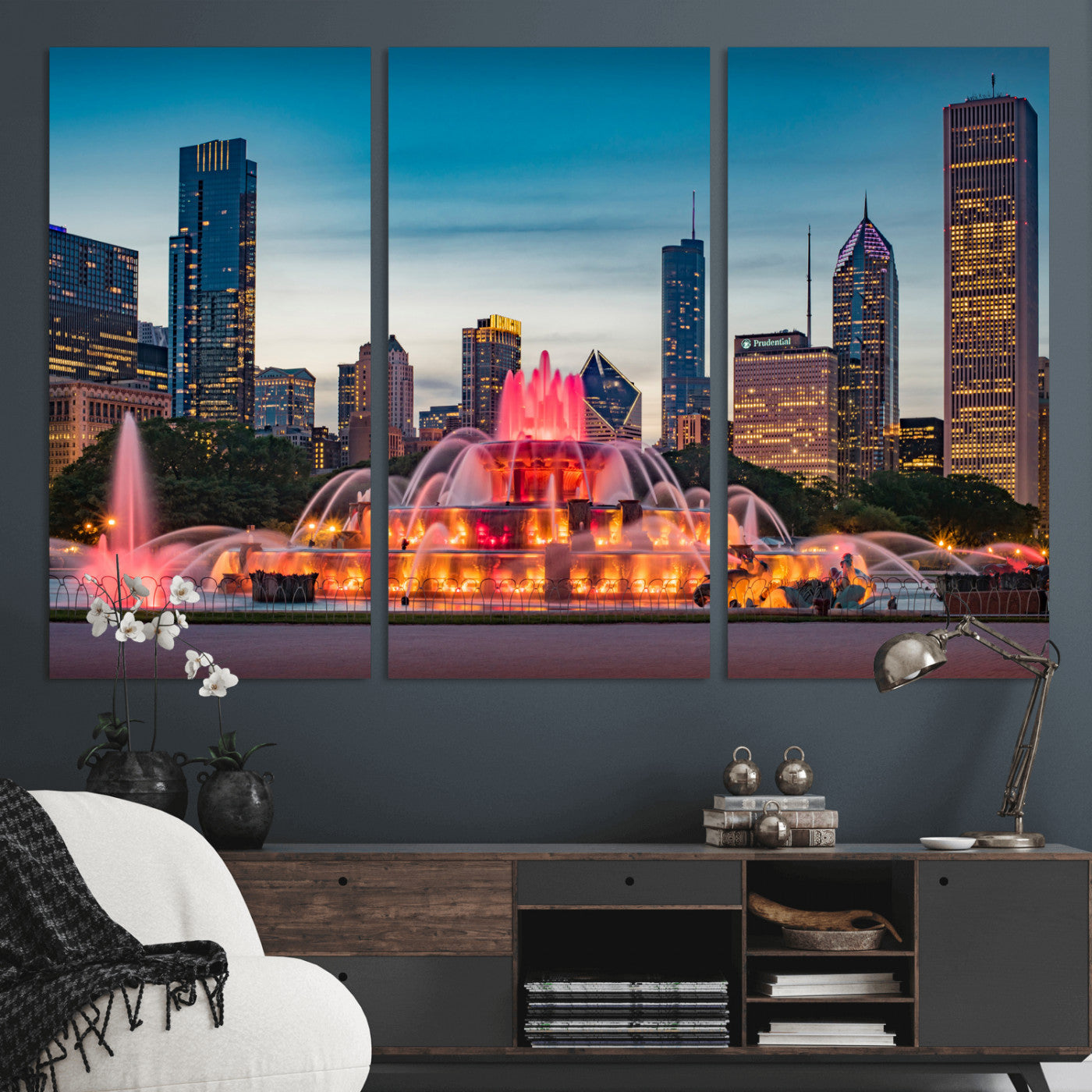 46805285-MGV-CV-36X24 - Chicago Wall Art Canvas Print, Chicago City Downtown Night Cityscape Print for Modern Urban Wall Decor