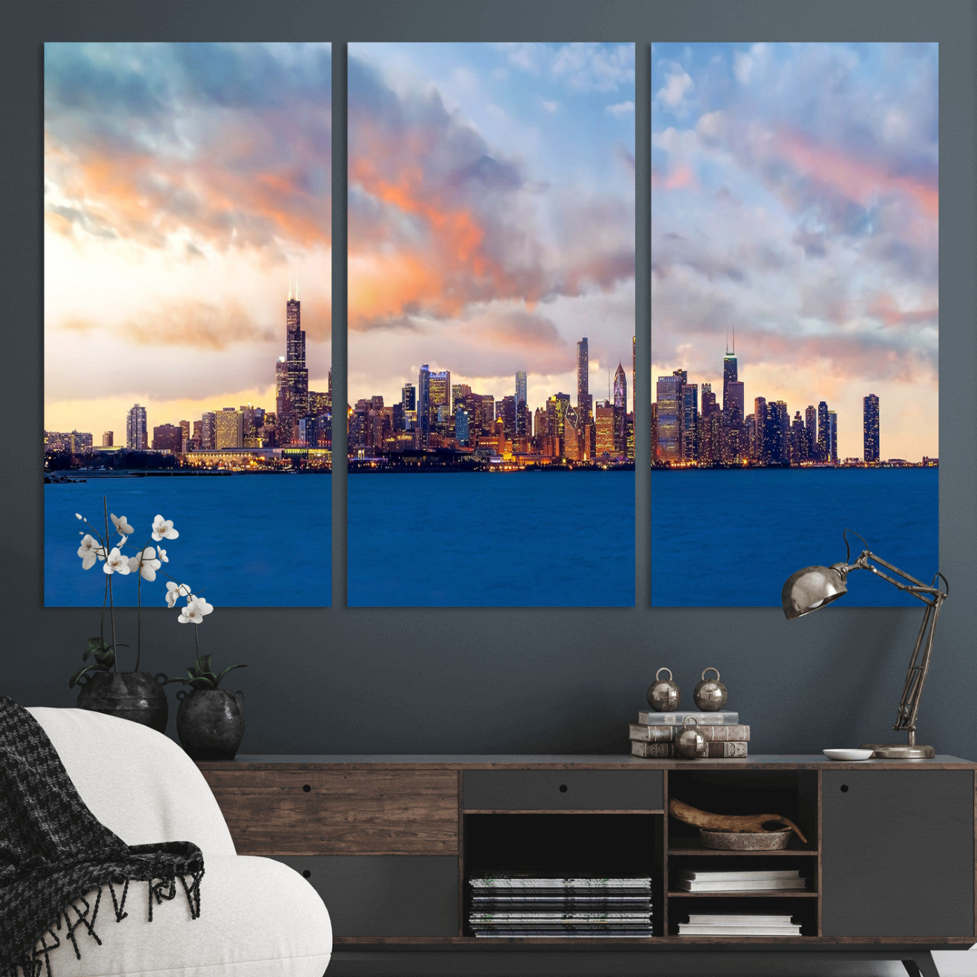 34667960-MGV-CV-36X24 - Chicago Wall Art Canvas Print, Chicago City Downtown Night Cityscape Print for Modern Urban Wall Decor