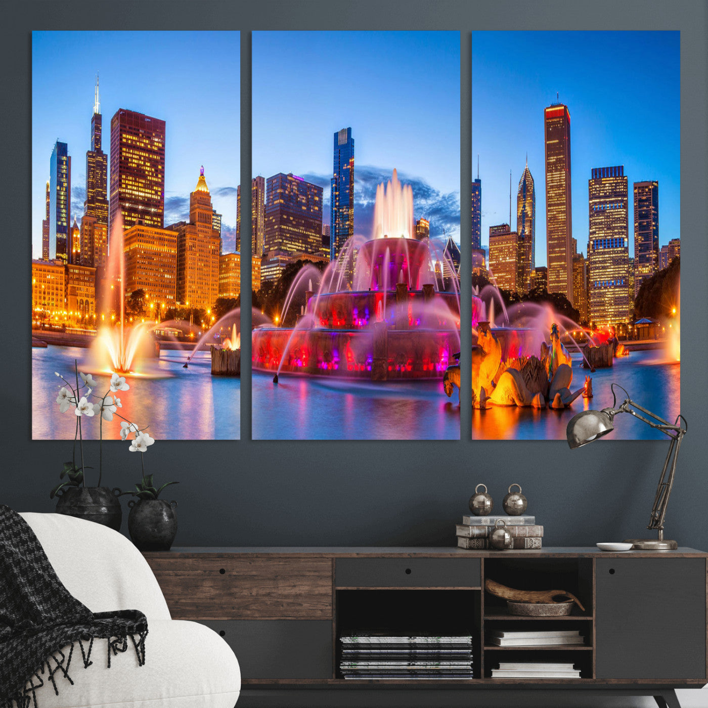 20251989-MGV-CV-36X24 - Chicago Wall Art Canvas Print, Chicago City Downtown Night Cityscape Print for Modern Urban Wall Decor