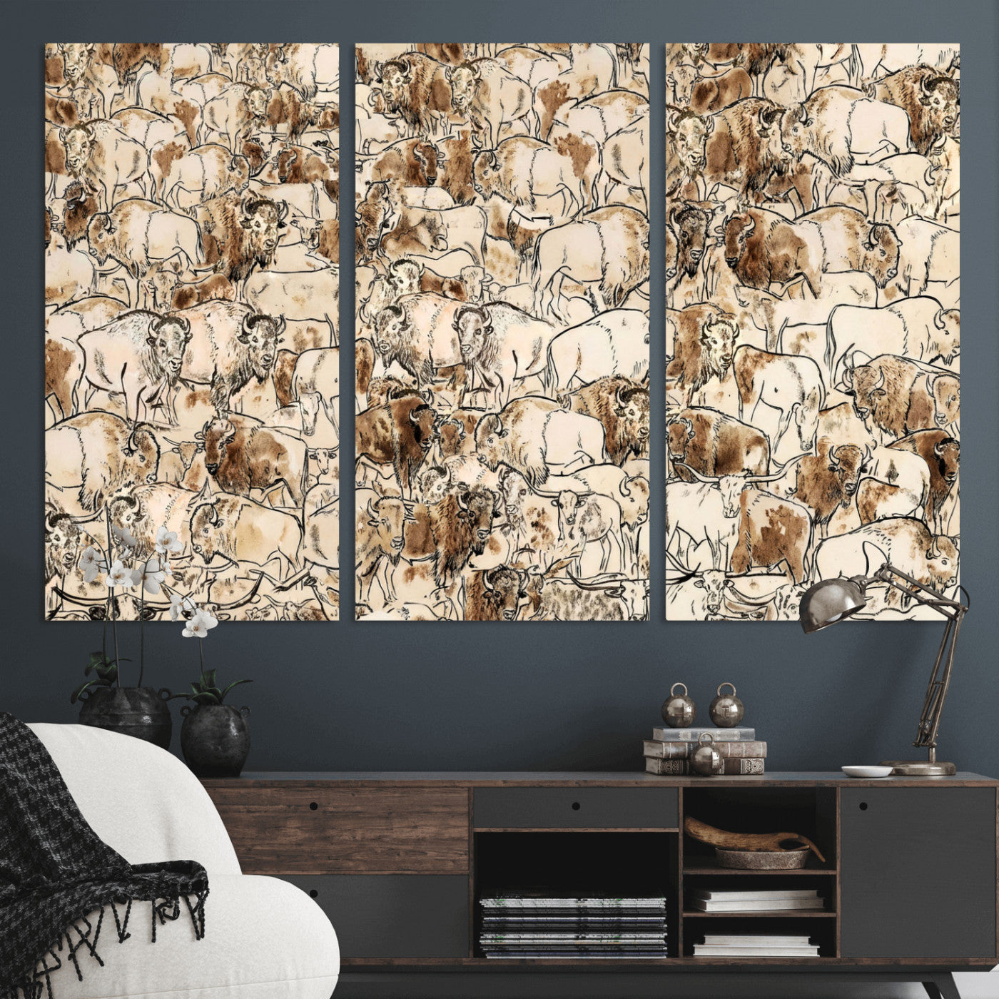 50142019-MGV-CV-36X24 - Farmhouse Animals Wall Art Canvas Print - Abstract Farm Animal Drawing Mid-Century Wall Art for Cabin Decor