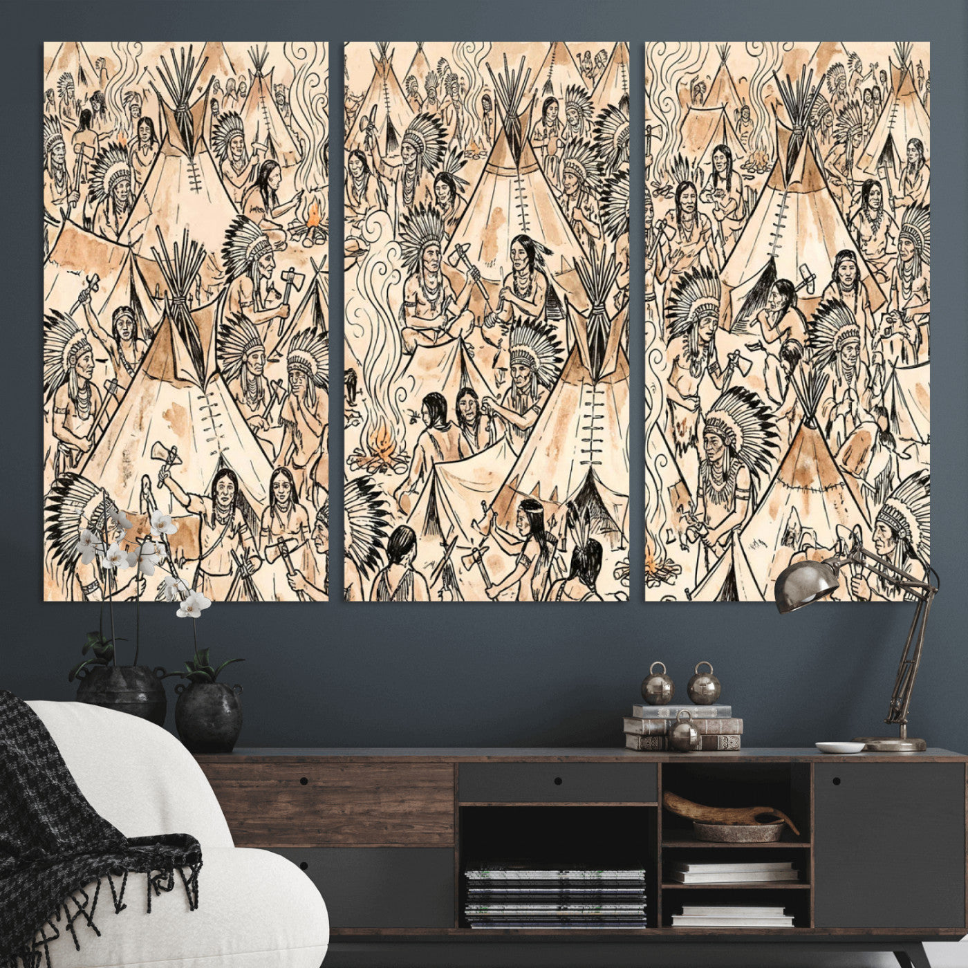 72739176-MGV-CV-36X24 - Farmhouse Animals Wall Art Canvas Print - Abstract Farm Animal Drawing Mid-Century Wall Art for Cabin Decor