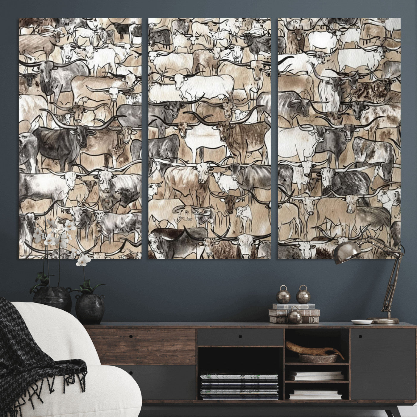 64368752-MGV-CV-36X24 - Farmhouse Animals Wall Art Canvas Print - Abstract Farm Animal Drawing Mid-Century Wall Art for Cabin Decor
