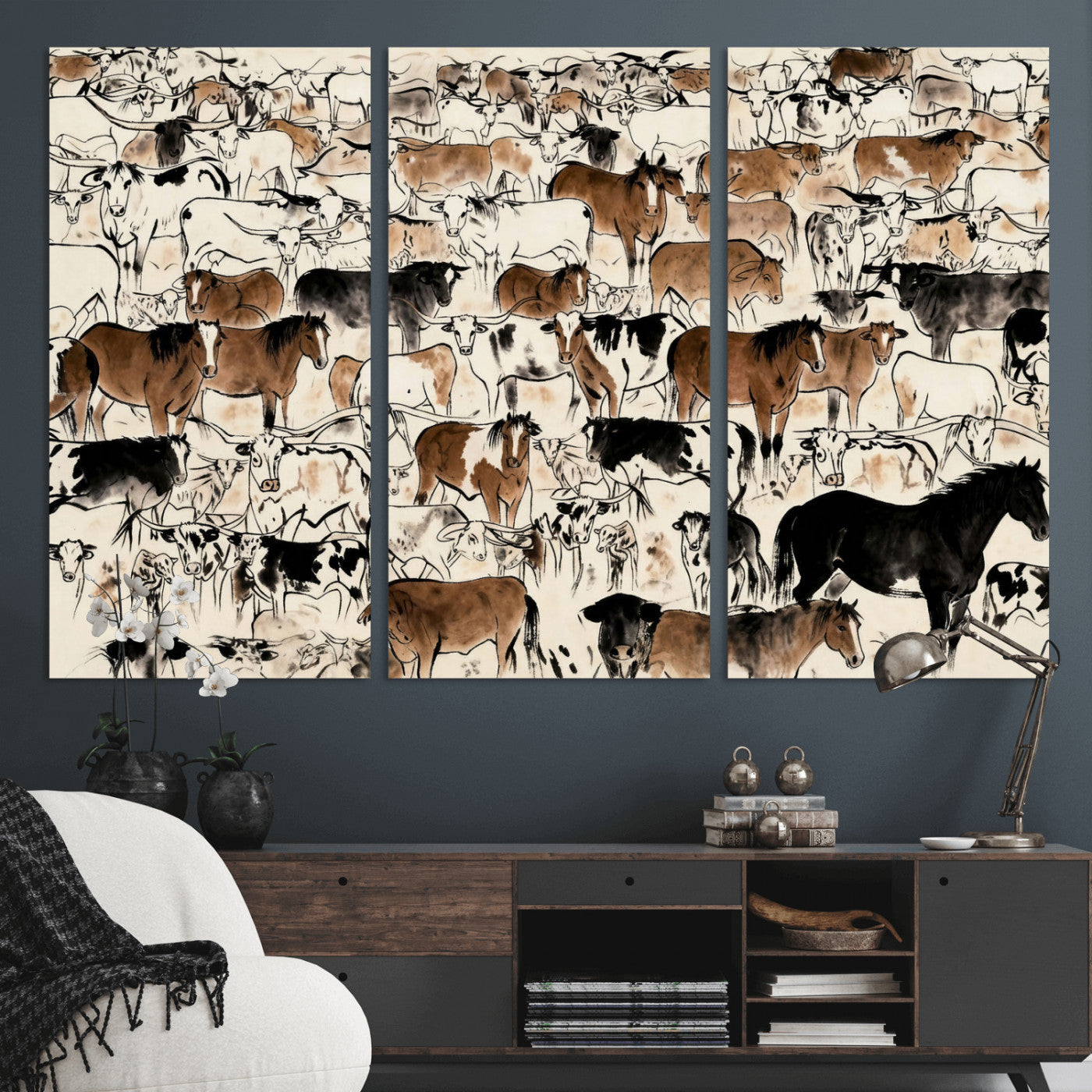 86150485-MGV-CV-36X24 - Farmhouse Animals Wall Art Canvas Print - Abstract Farm Animal Drawing Mid-Century Wall Art for Cabin Decor