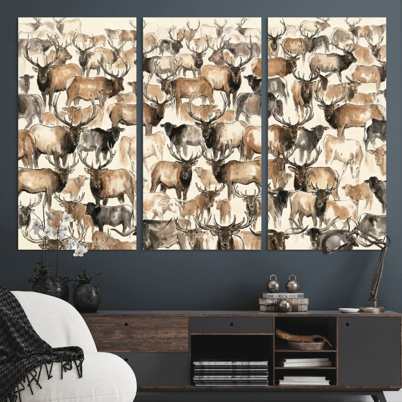 24374881-MGV-CV-36X24 - Farmhouse Animals Wall Art Canvas Print - Abstract Farm Animal Drawing Mid-Century Wall Art for Cabin Decor
